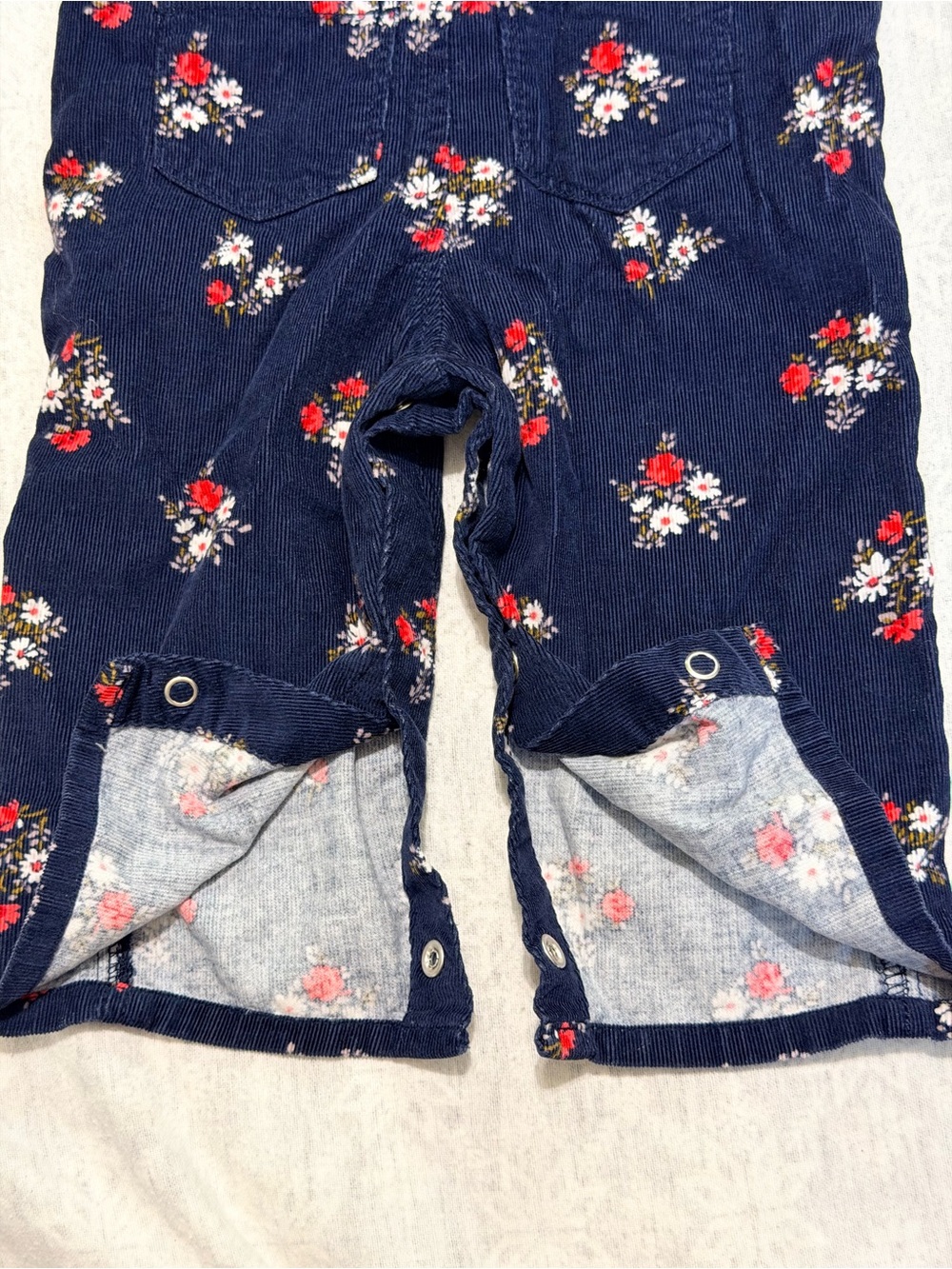 OshKosh B’gosh 9M Floral Corduroy Overalls Navy Snap Leg Baby Girls EUC - Picture 6 of 10